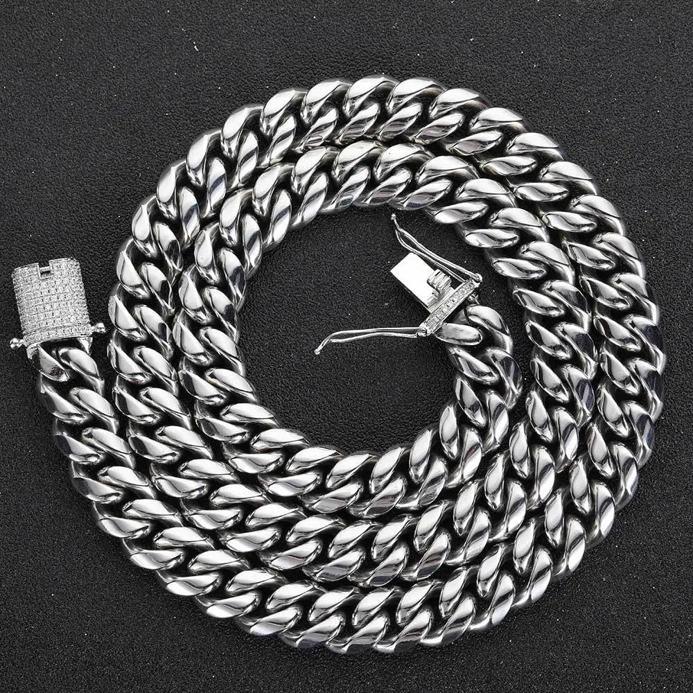 Cylindrical Stone Inlaid Open-Box Clasp Cuban Chain-Silver
