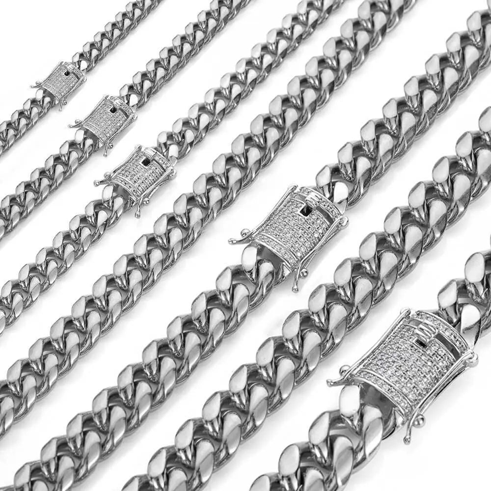 Cylindrical Stone Inlaid Open-Box Clasp Cuban Chain-Silver