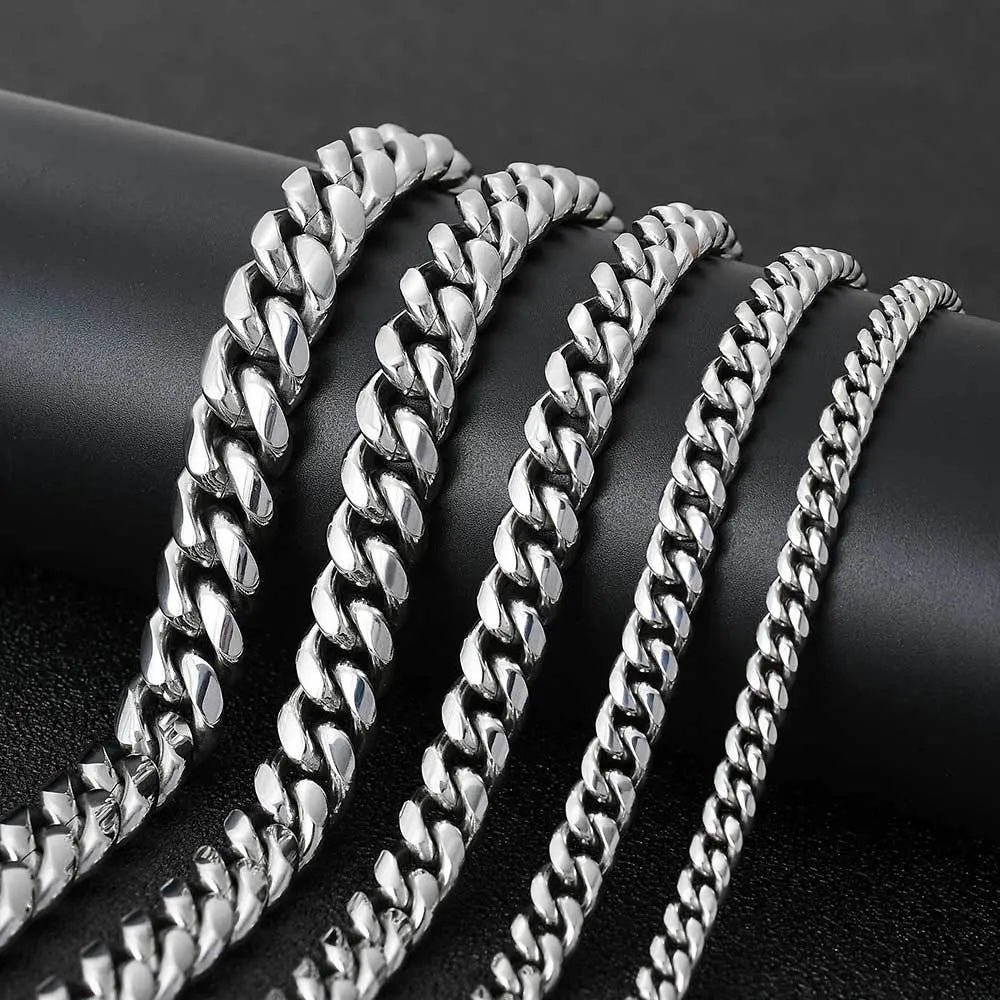 Cylindrical Stone Inlaid Open-Box Clasp Cuban Chain-Silver