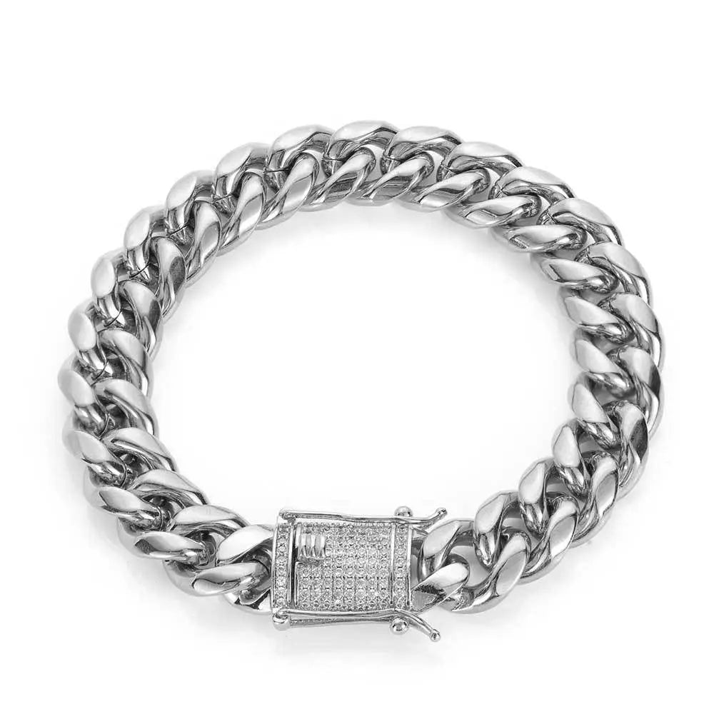 Cylindrical Stone Inlaid Open-Box Clasp Cuban Chain-Silver
