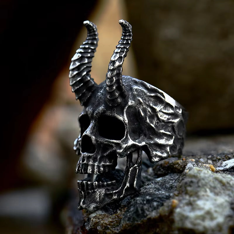 Horned Demon Skull Gothic Stainless Steel Ring