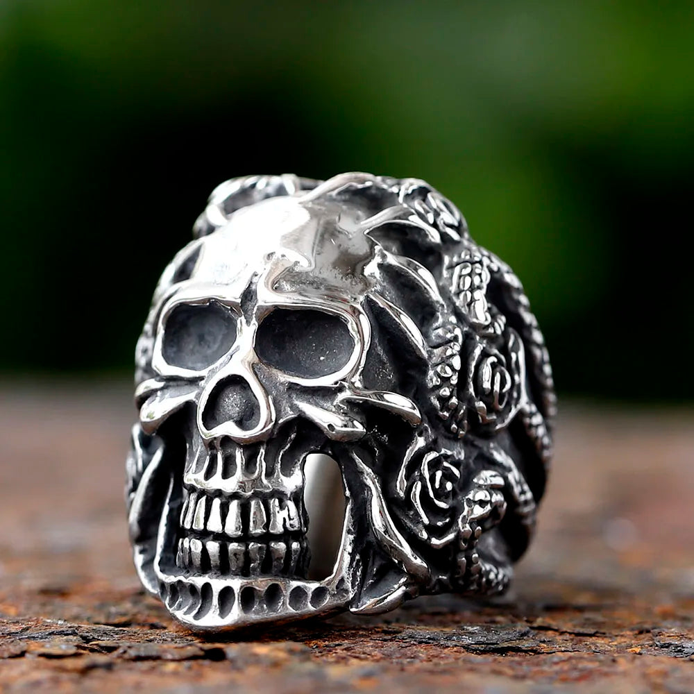 Snake & Rose Entwined Skull Gothic Stainless Steel Ring