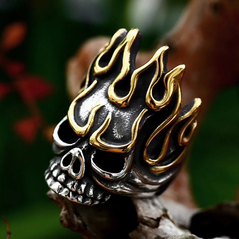 Golden Flame Skull Gothic Stainless Steel Ring