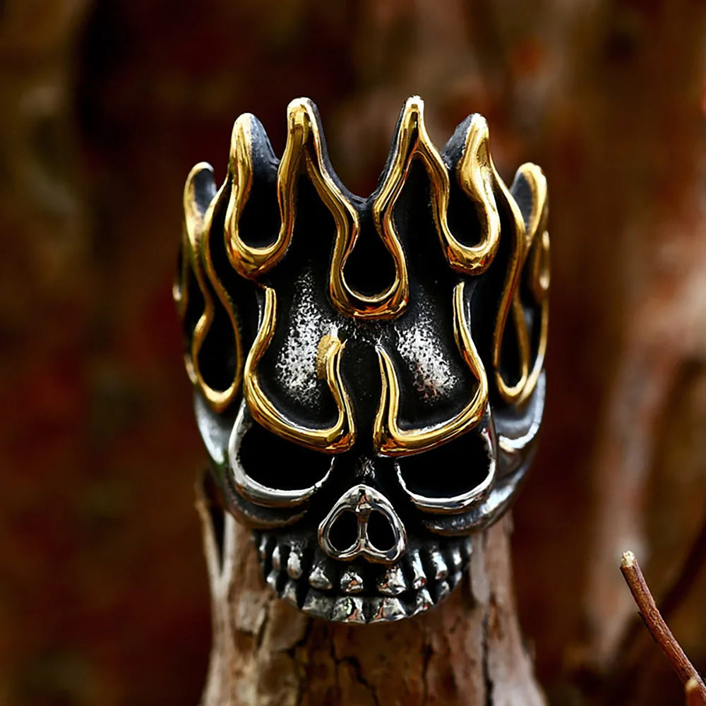 Golden Flame Skull Gothic Stainless Steel Ring