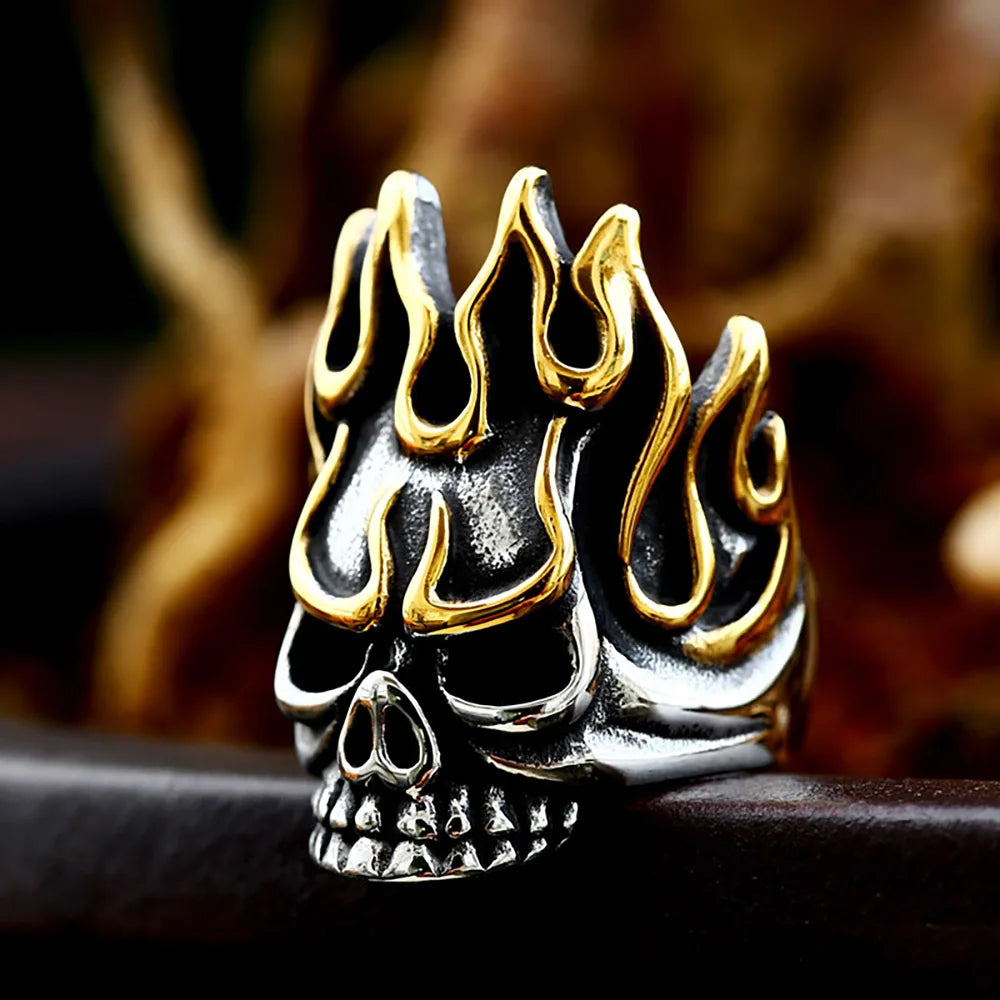 Golden Flame Skull Gothic Stainless Steel Ring