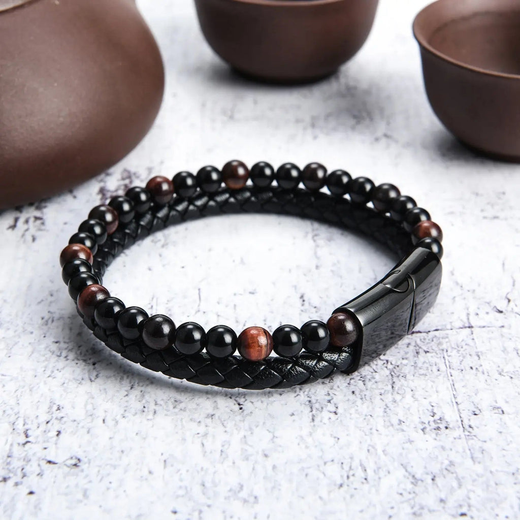 Double Layer Tiger Eye Beads Leather Bracelet