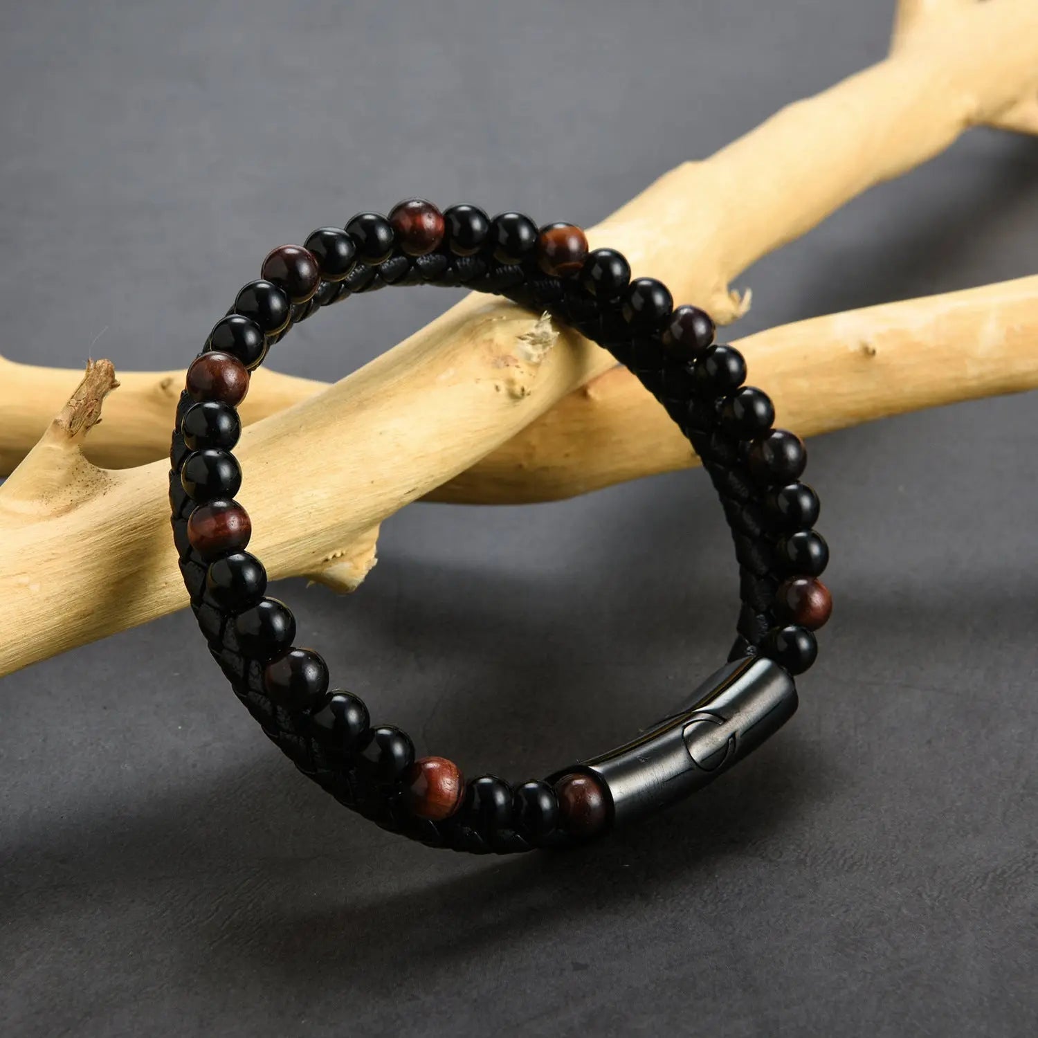 Double Layer Tiger Eye Beads Leather Bracelet