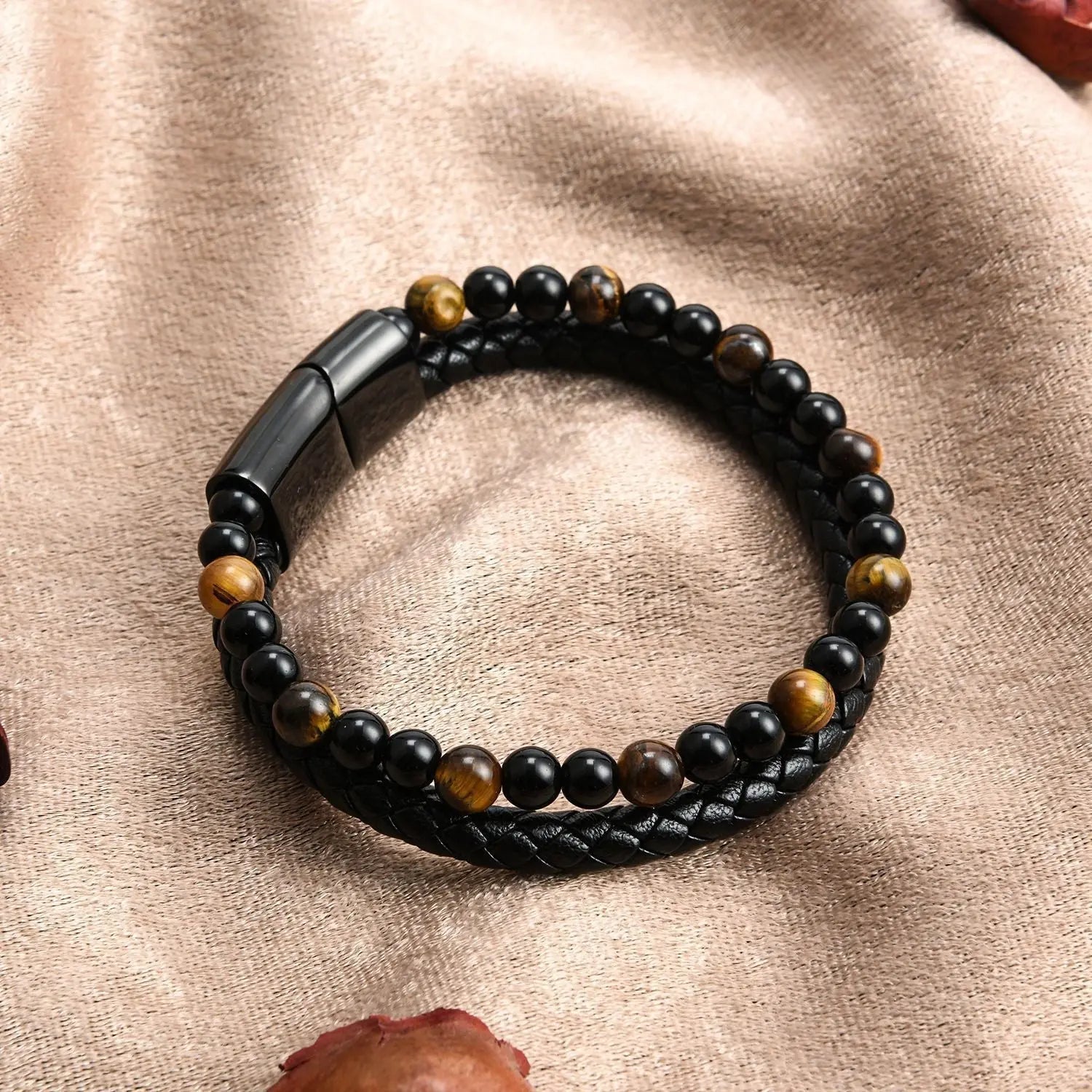 Double Layer Tiger Eye Beads Leather Bracelet