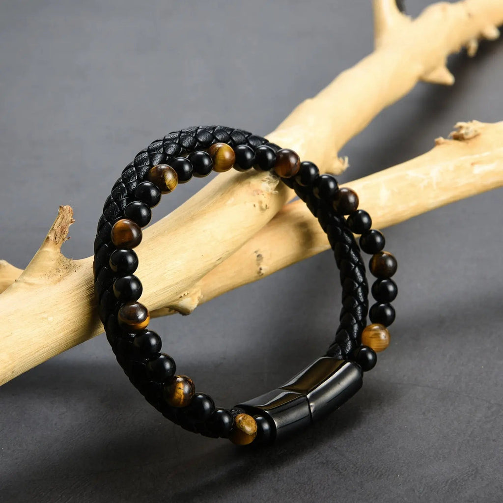 Double Layer Tiger Eye Beads Leather Bracelet