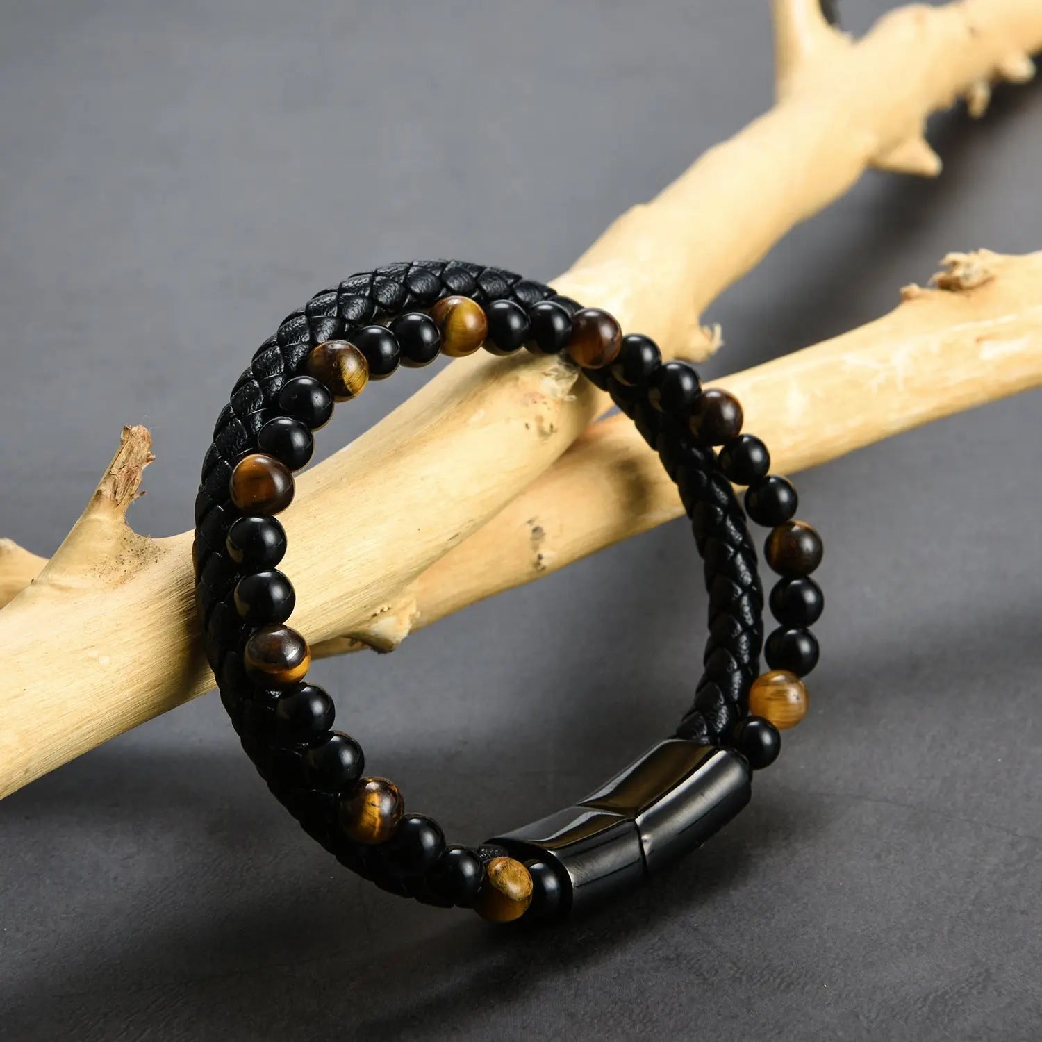 Double Layer Tiger Eye Beads Leather Bracelet