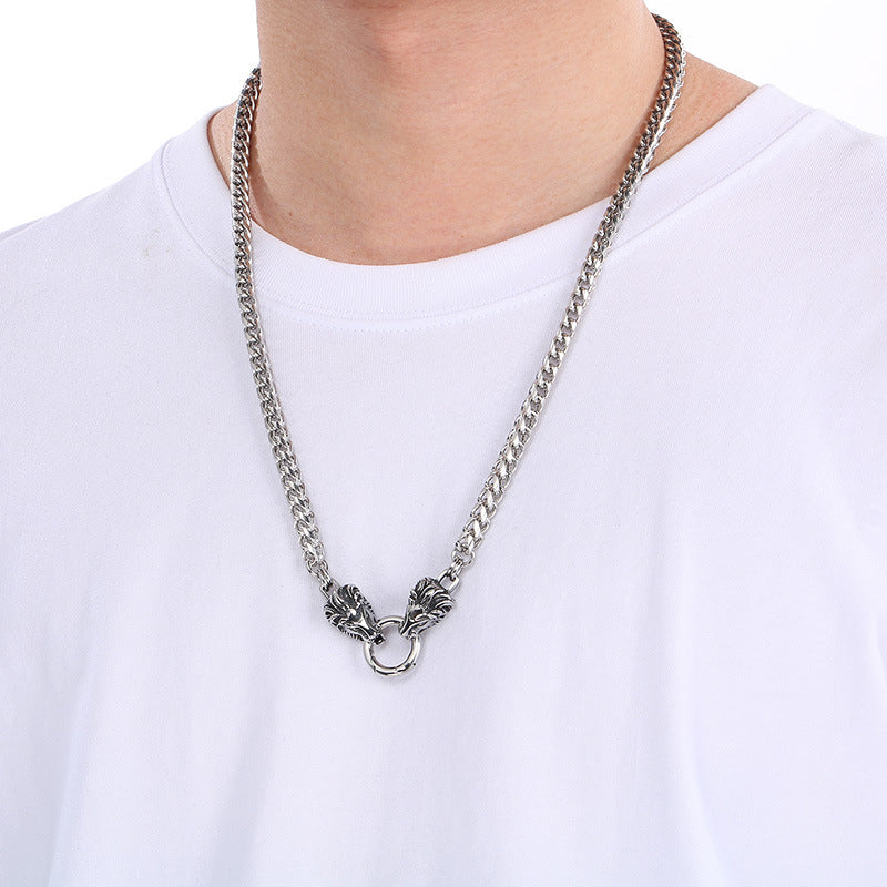 Double Dragon Skull Spine Titanium Steel Men's Necklace