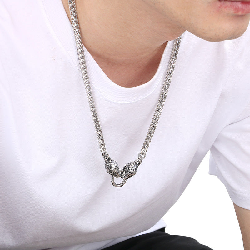 Double Dragon Skull Spine Titanium Steel Men's Necklace