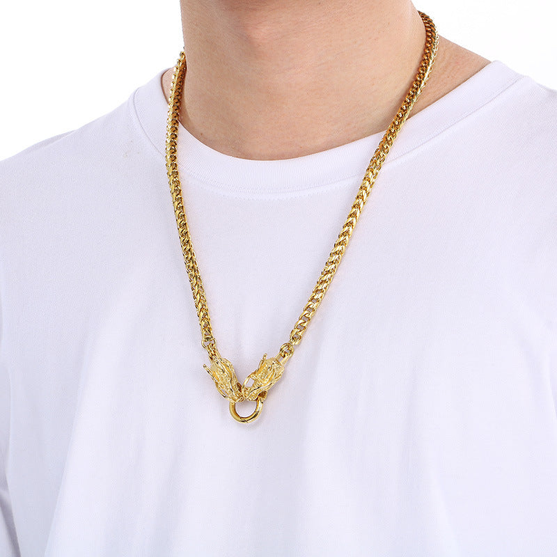 Double Dragon Skull Spine Titanium Steel Men's Necklace
