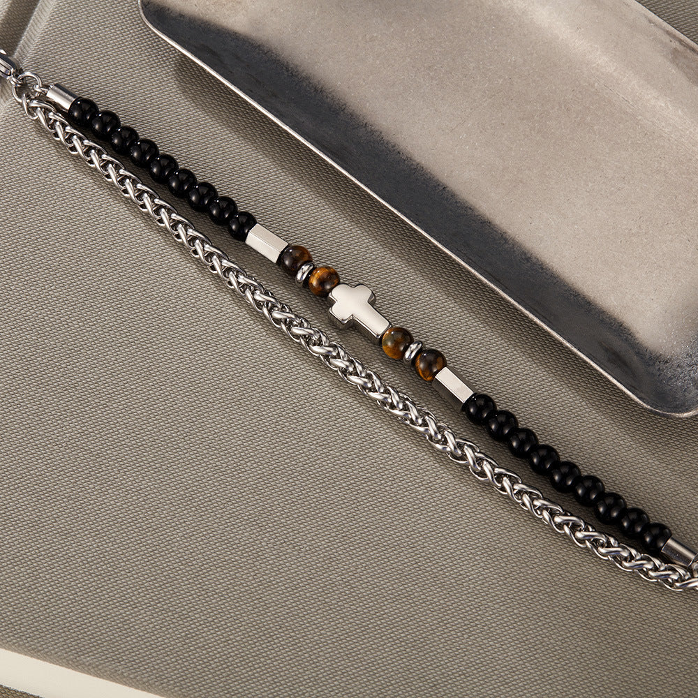 Double Layer Tiger Eye Stone Cross Bracelet