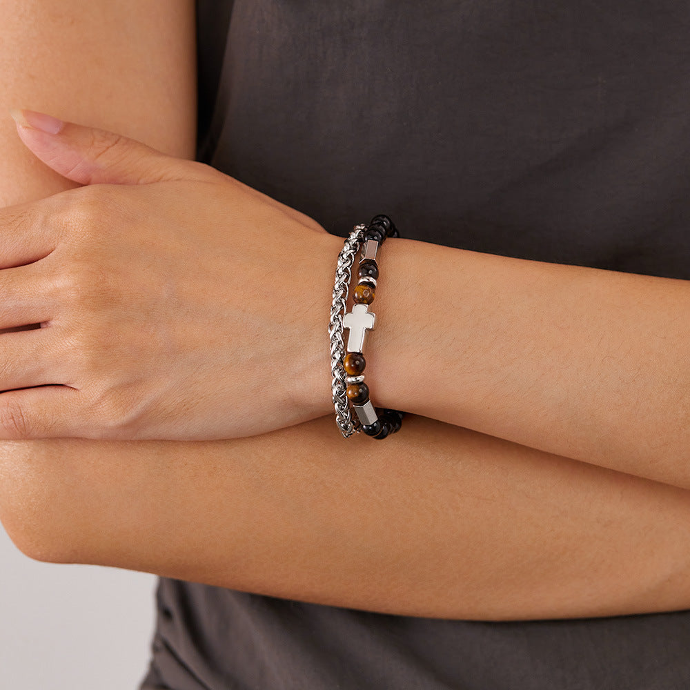 Double Layer Tiger Eye Stone Cross Bracelet