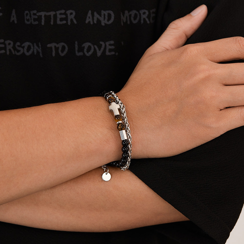 Double Layer Tiger Eye Stone Cross Bracelet