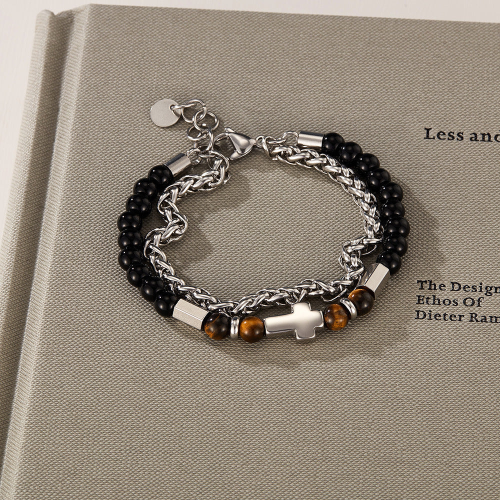 Double Layer Tiger Eye Stone Cross Bracelet