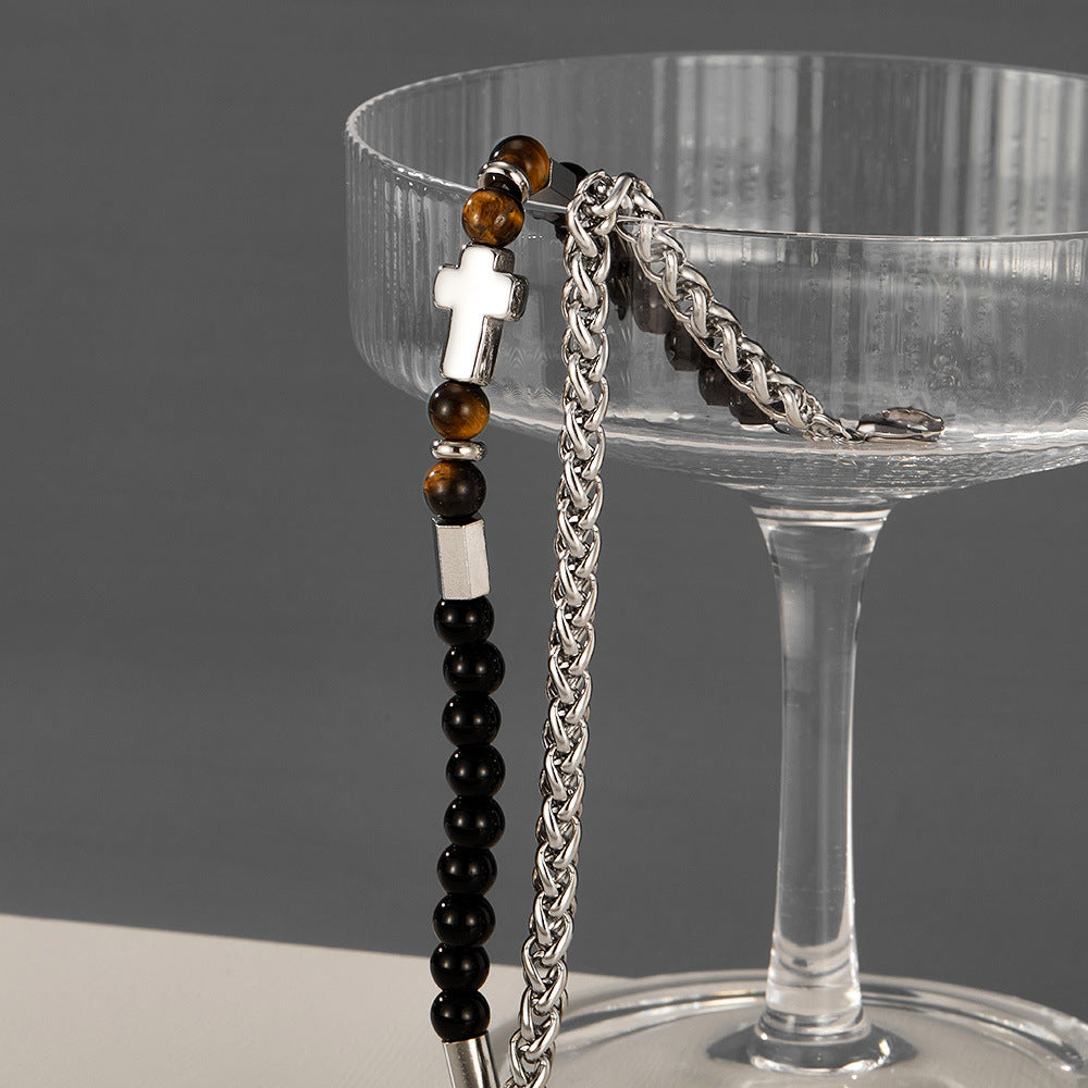 Double Layer Tiger Eye Stone Cross Bracelet