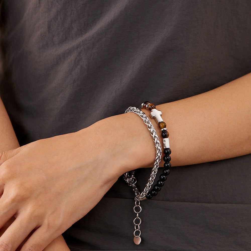 Double Layer Tiger Eye Stone Cross Bracelet