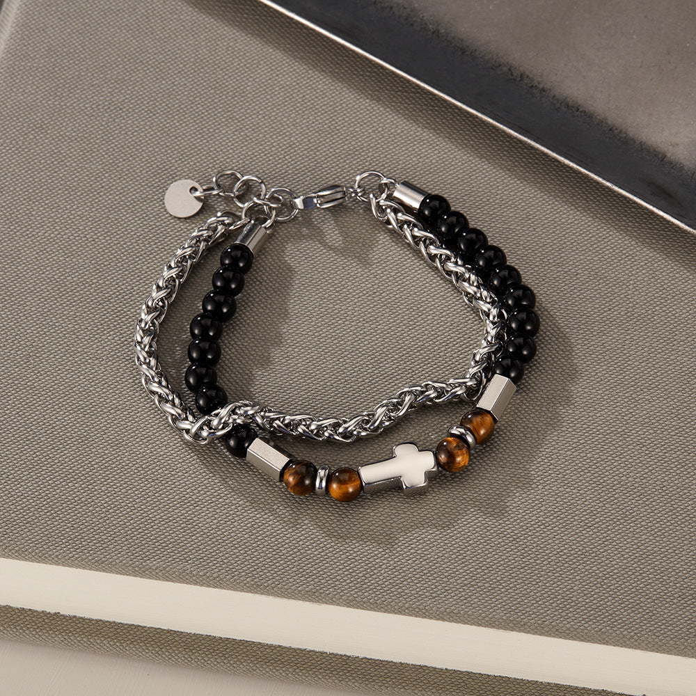 Double Layer Tiger Eye Stone Cross Bracelet