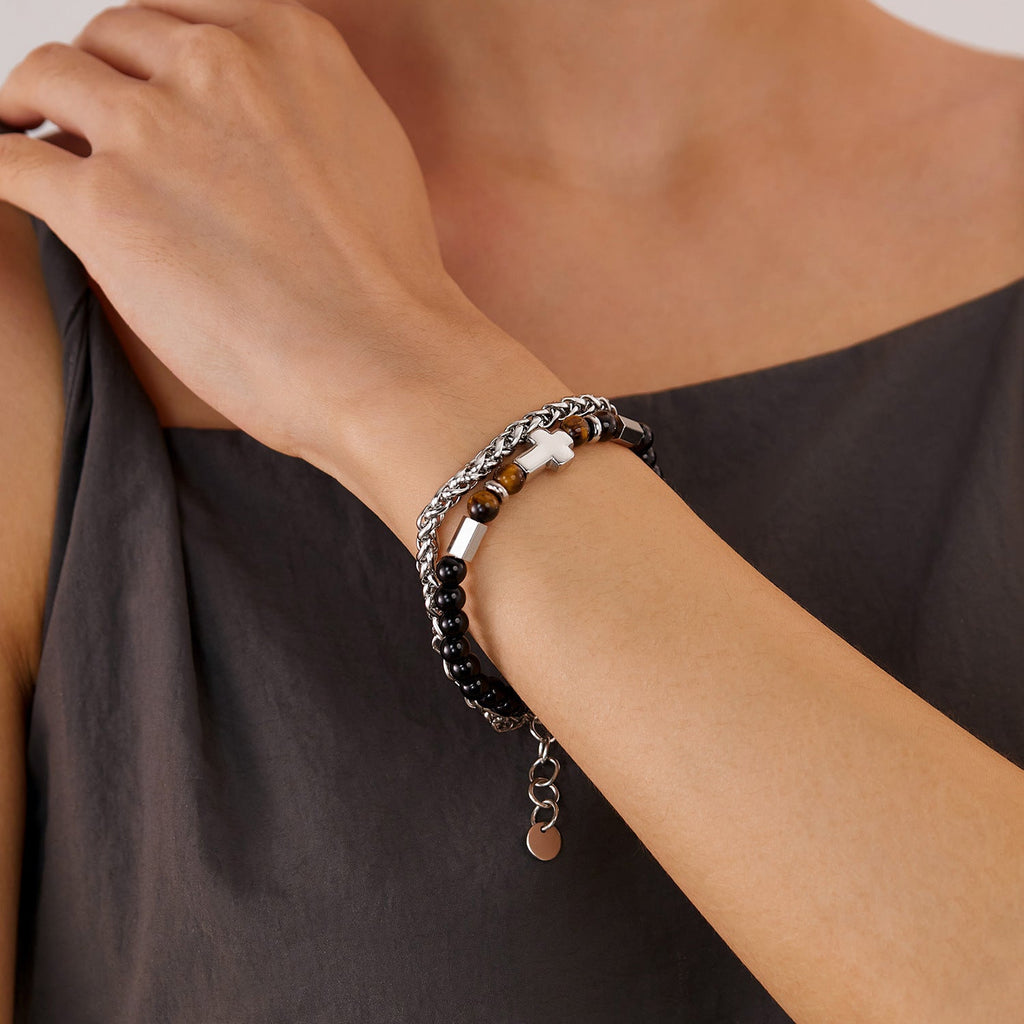 Double Layer Tiger Eye Stone Cross Bracelet
