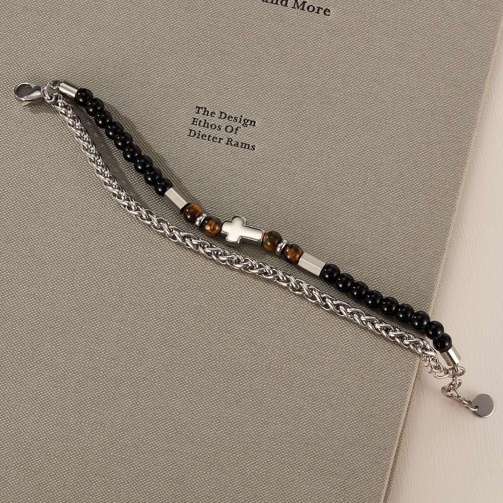 Double Layer Tiger Eye Stone Cross Bracelet