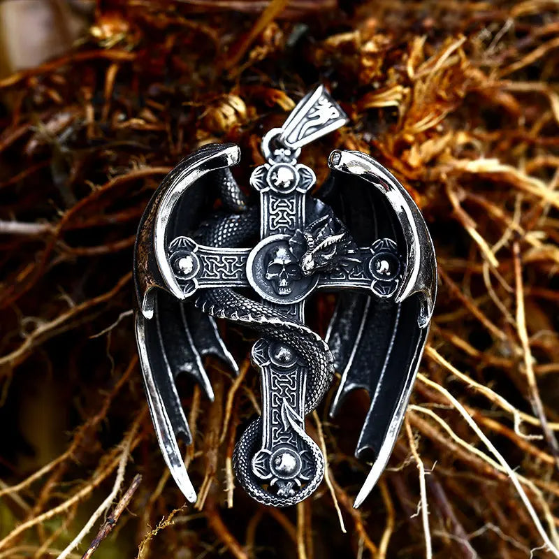 Dragon Wings Cross Skull Pendant
