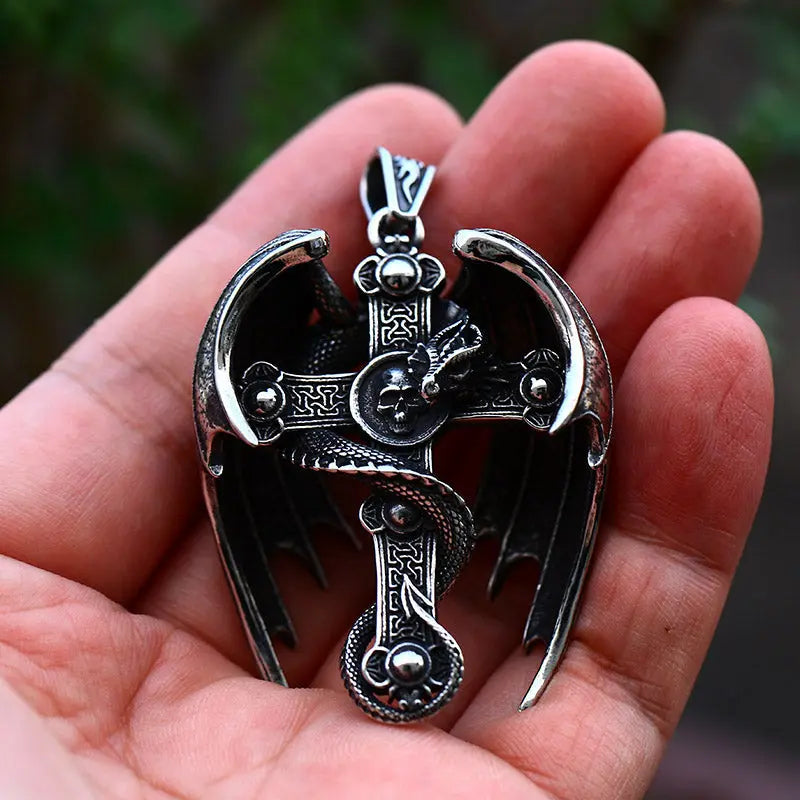 Dragon Wings Cross Skull Pendant