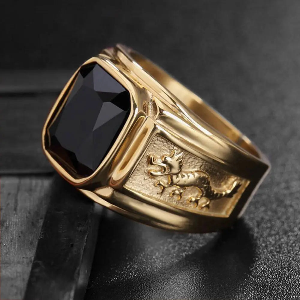 Dual Eastern Dragon Golden Band Gemstone Ring