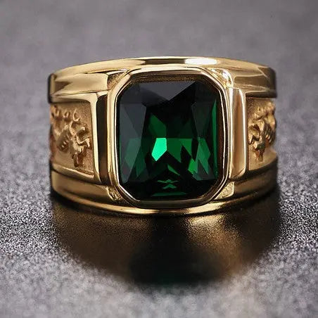 Dual Eastern Dragon Golden Band Gemstone Ring