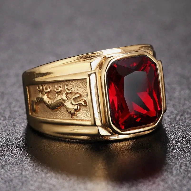 Dual Eastern Dragon Golden Band Gemstone Ring