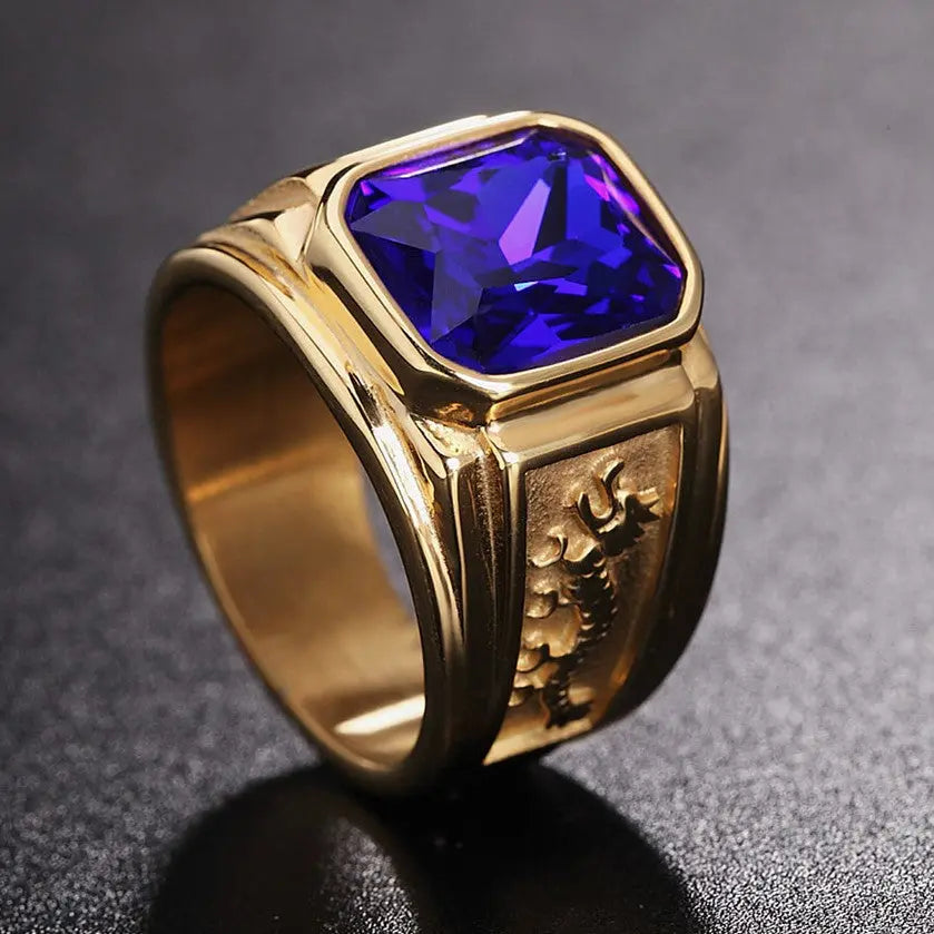 Dual Eastern Dragon Golden Band Gemstone Ring