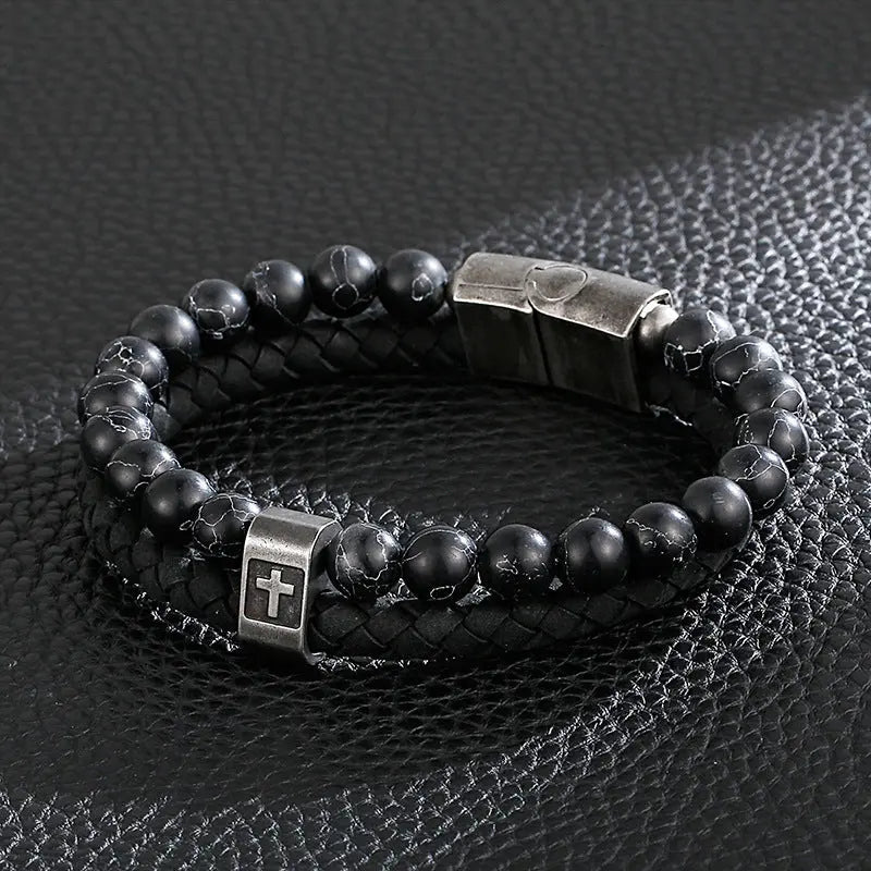 Dual Layer Turquoise Bead Leather Cross Bracelet