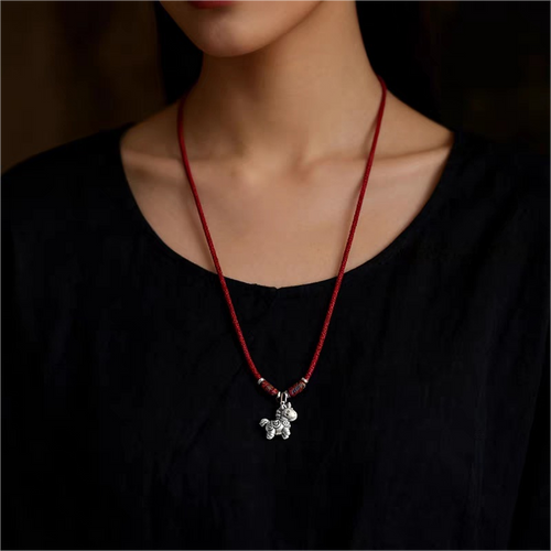 Handcrafted Red String Necklace with Sterling Silver Horse