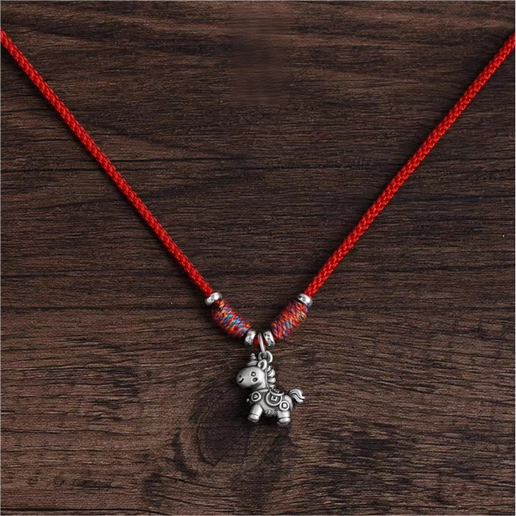 Handcrafted Red String Necklace with Sterling Silver Horse