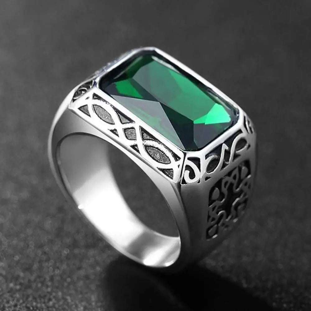 Emerald Inlaid Stainless Steel Ring