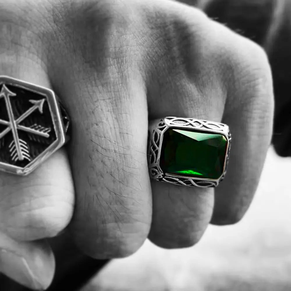 Emerald Inlaid Stainless Steel Ring