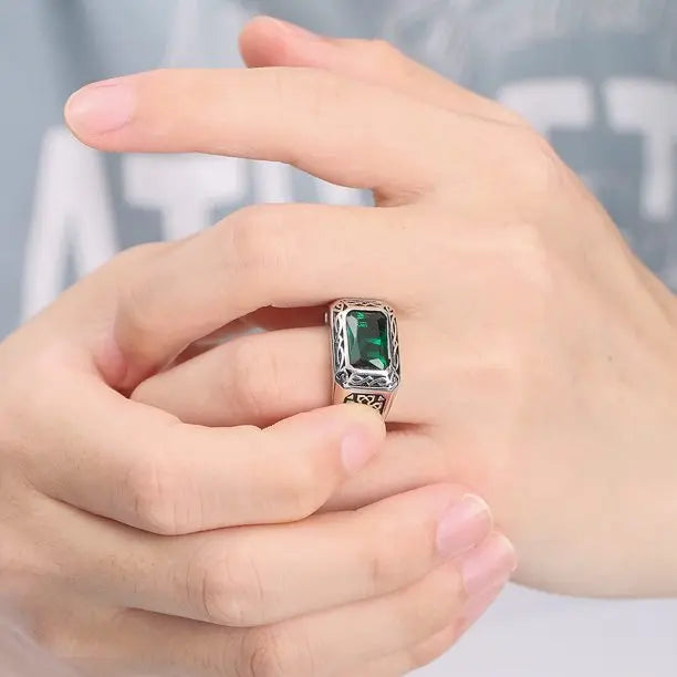 Emerald Inlaid Stainless Steel Ring