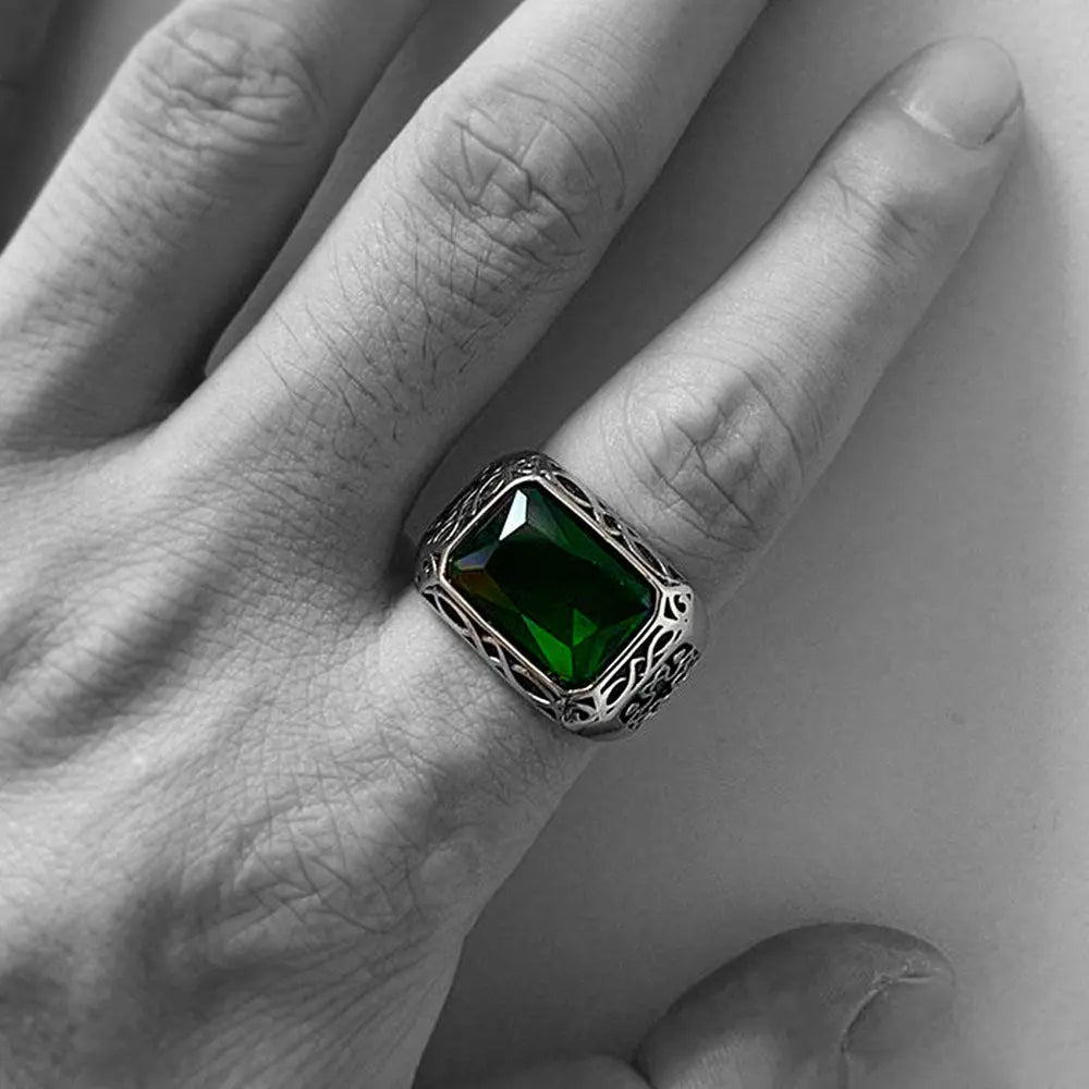 Emerald Inlaid Stainless Steel Ring