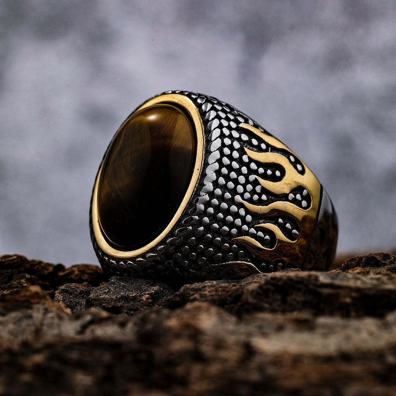 Flame Pattern Stainless Steel Gemstone Ring