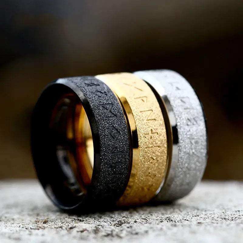 Frosted Engraved Rune Stainless Steel Ring