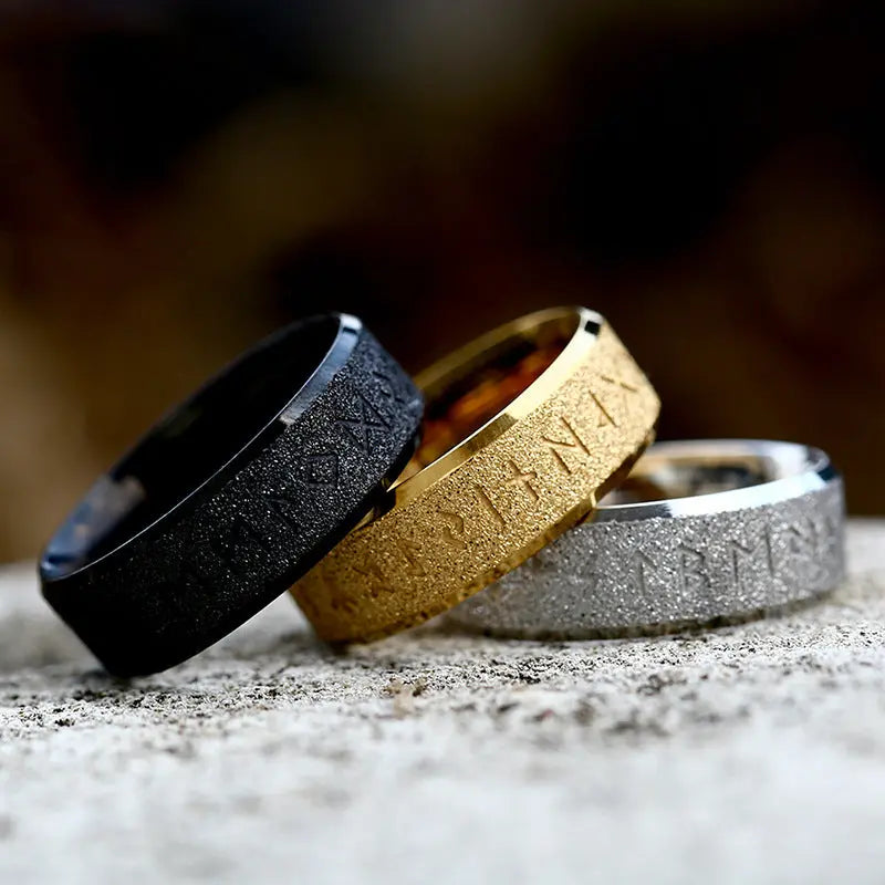 Frosted Engraved Rune Stainless Steel Ring