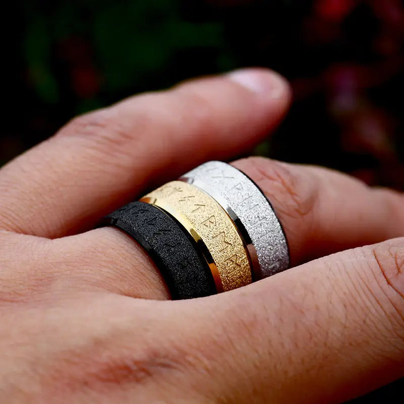 Frosted Engraved Rune Stainless Steel Ring