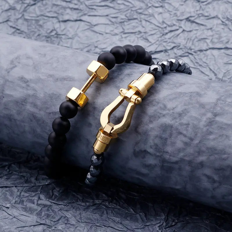 Gemstone Bead Stainless Steel Dumbbel Bracelet