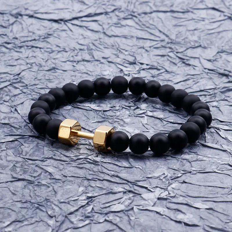 Gemstone Bead Stainless Steel Dumbbel Bracelet