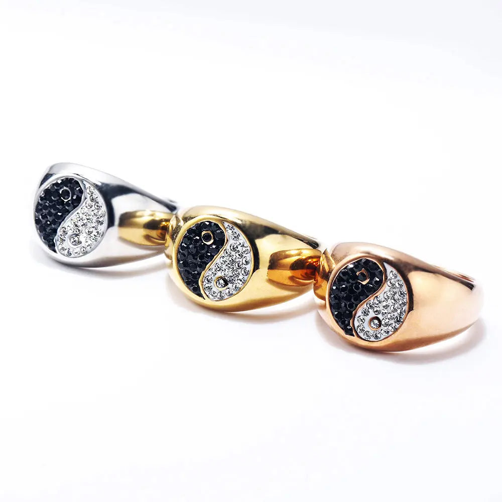 Gemstone Embed YinYang Stainless Steel Ring