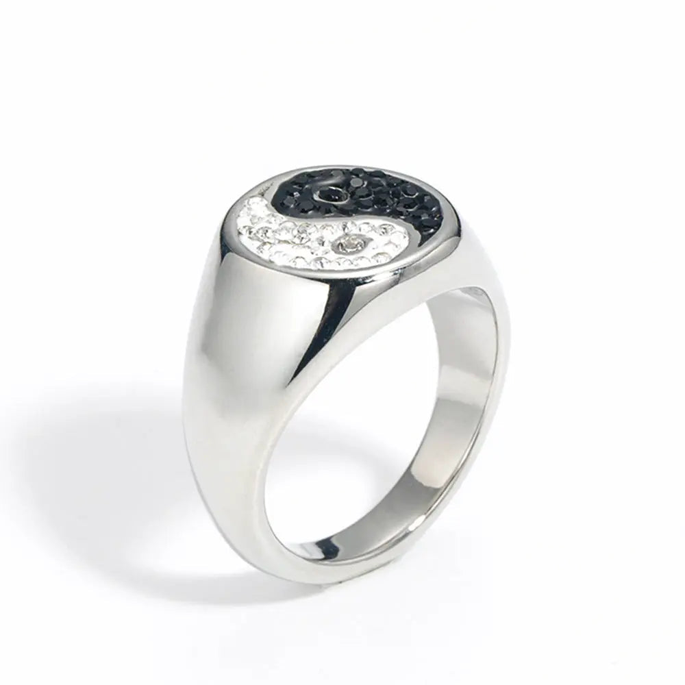 Gemstone Embed YinYang Stainless Steel Ring