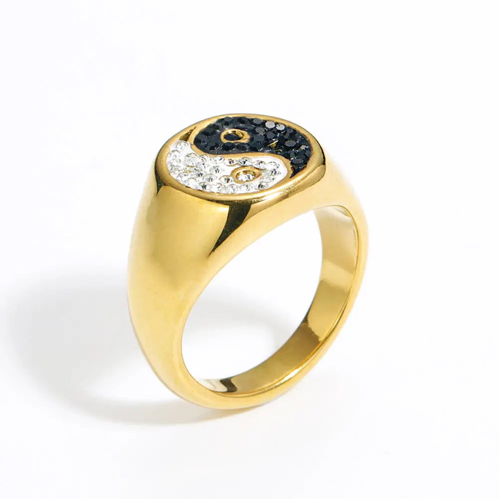 Gemstone Embed YinYang Stainless Steel Ring