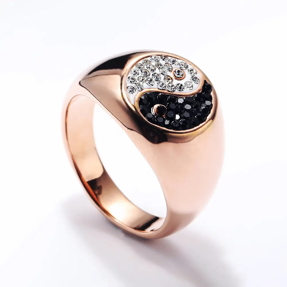 Gemstone Embed YinYang Stainless Steel Ring