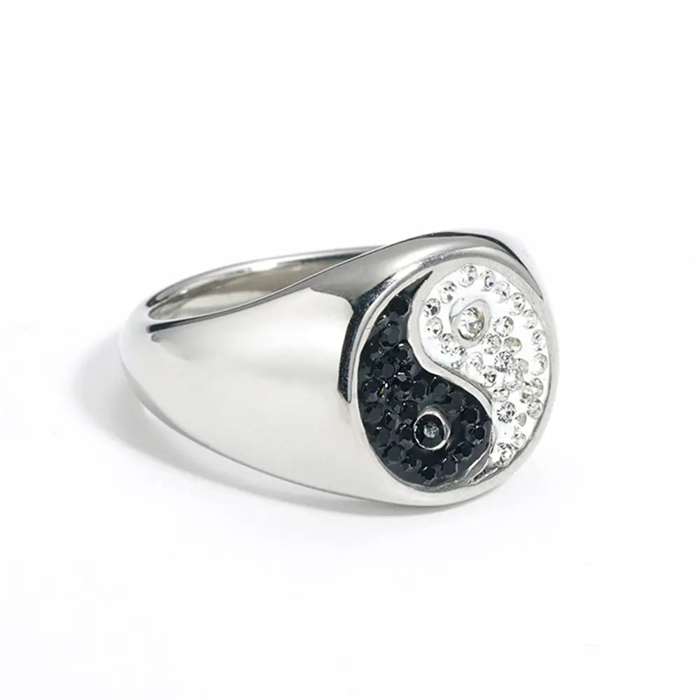 Gemstone Embed YinYang Stainless Steel Ring